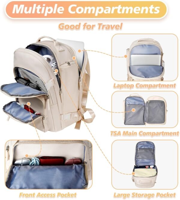 Travel Backpack for Women, Extra Large 40L Flight Approved Carry on Backpack, Expandable Weekender Bag Fit 17 Inch Notebook, College Business Casual Daypack with Shoe Bag, Beige - Image 3