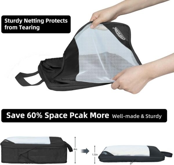 7 Set Compression Packing Cubes for Suitcases, Travel Luggage Organizers with 3 Compressible Packing Cubes, Shoe Bag, Underwear Cube, Cable Organizer & Laundry Organizert Bag Set Black - Image 3