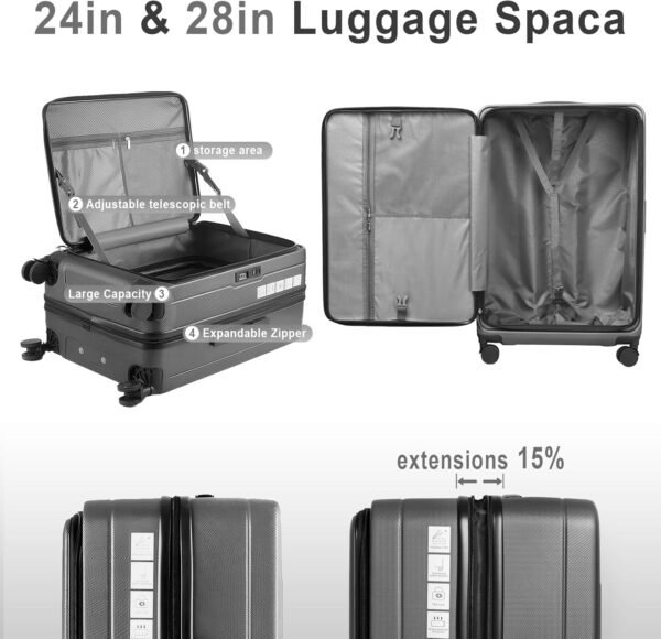 Luggage Sets 3 Piece, ABS Lightweight 20in/24in/28in Luggage, Expandable Carry On Suitcase Set with TSA Lock & Double Wheels, Front Open Hardshell Luggage Sets (Grey) - Image 4