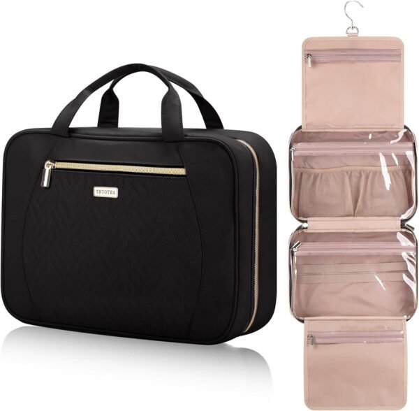 Women's Travel Toiletry Bag - Hanging Makeup Organizer for Accessories, Shampoo, Full-size Containers, Toiletries - Medium Black - Image 2