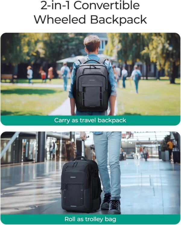 BAGSMART Rolling Backpack, 17 Inch Travel Laptop Wheeled Backpack, 40L Large Carry on Business Luggage with Wheels for Adults Men Women, Water Resistant Overnight Work College Trolley Suitcase, Black - Image 3