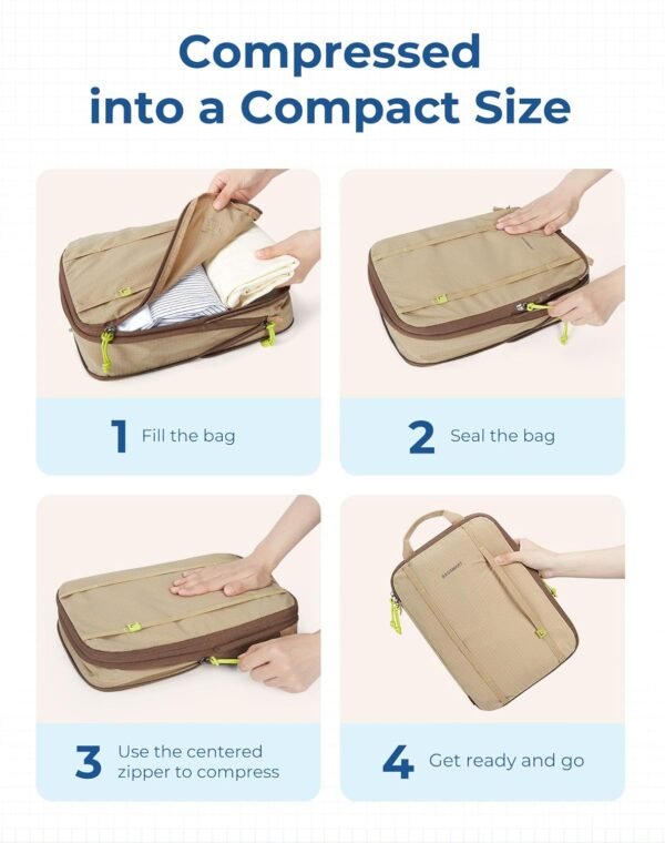BAGSMART Compression Packing Cubes, 6 PCS Water-Resistance Packing Cubes for Travel, Packing Cubes for Suitcases, Lightweight Luggage Packing Cubes for Travel Essentials, Khaki - Image 7