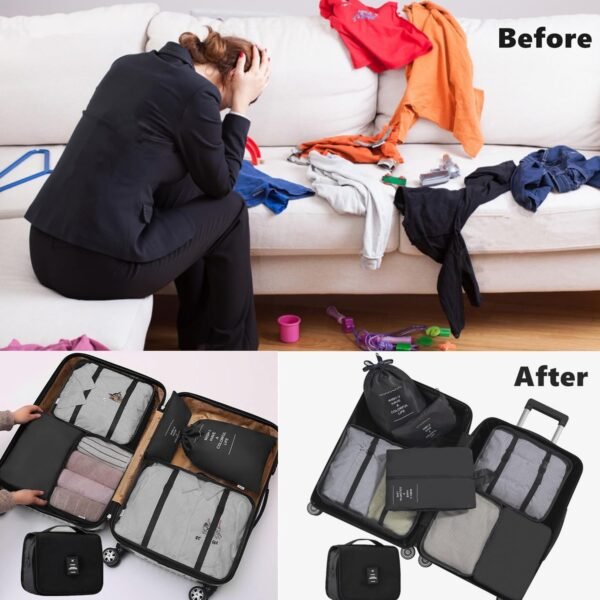 8 Set Packing Cubes Laundry Pouch, Travel Storage Bag Organizers, Travel Luggage Organizer Pouch, Travel Cubes with Large Toiletries Bag, Shoe Bag for Travel Carry On Suitcase Clothes (Black) - Image 7