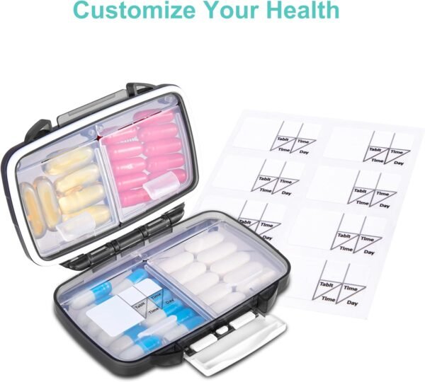 Fullicon 2 Pack Travel Pill Organizer, 4 Compartments Portable Pill Case, Moisture Proof Small Pill Box with Labels, Travel Pill Case with Double Lock, Pocket Pharmacy for Vitamin D3 (Black) - Image 6