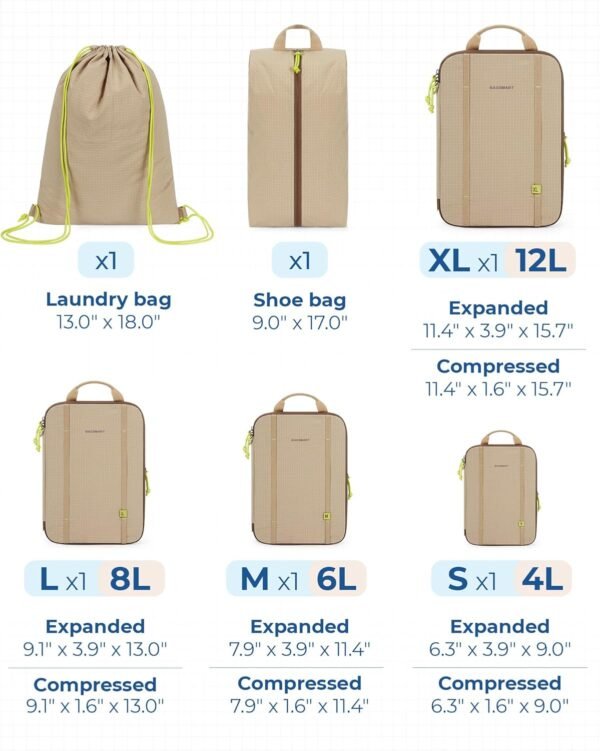BAGSMART Compression Packing Cubes, 6 PCS Water-Resistance Packing Cubes for Travel, Packing Cubes for Suitcases, Lightweight Luggage Packing Cubes for Travel Essentials, Khaki - Image 3