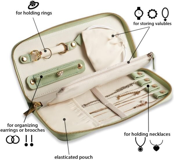 Travel Jewelry Organizer Case - for Tangle-Free Necklaces, Earrings, Rings, Bracelets Storage, Travel Essentials, Fashion Portable Jewelry Travel bags for Women - Medium Macaron Green - Image 4
