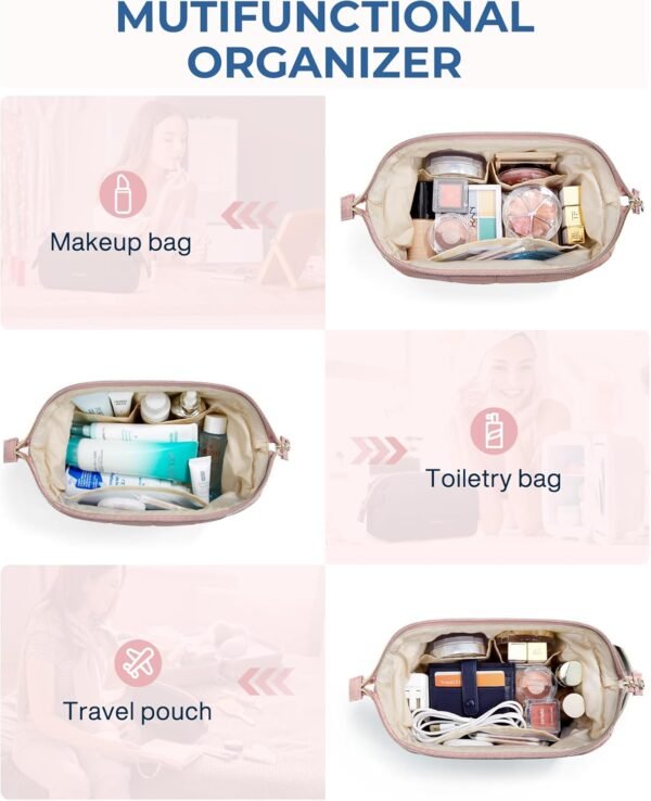 BAGSMART Makeup Bag Travel Toiletry Bag, Puffy Padded Make Up Bags for Women Makeup Organizer Case, Wide-open Pouch Purse Travel Essentials Toiletries Accessories Brushes, Dark Pink - Image 7
