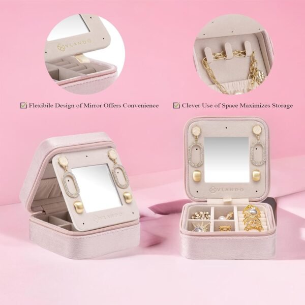 Vlando Small Travel Jewelry Box Organizer Display Case for Rings Earrings Necklaces Storage, Selected Soft Velvet, Letter K Engraved, Pink - Image 5