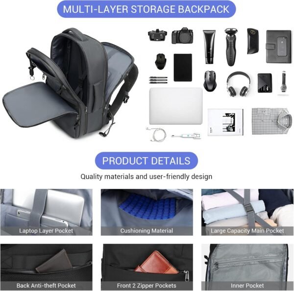 MOLNIA 50L Expandable Travel Backpack for Men Women, Carry On Backpack Airline Approved, Suitcase Backpack with Packing Cubes, Water Resistant Luggage Backpack Daypack Weekender Bag, Black - Image 5