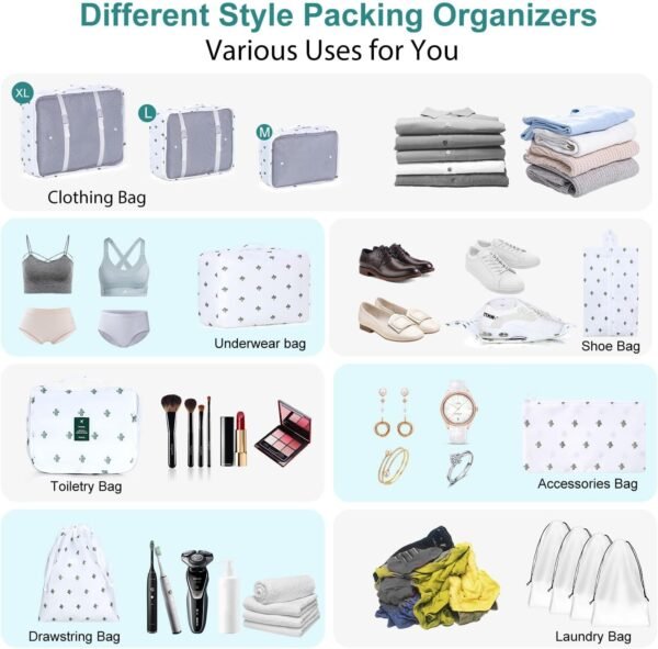 12 Set Packing Cubes for Suitcases, Various Sizes Packing Organizer Bags Set for Travel Accessories Luggage Carry On, BESBESME Travel Essentials for Clothes Shoes Cosmetics Toiletries, Cactus White - Image 4