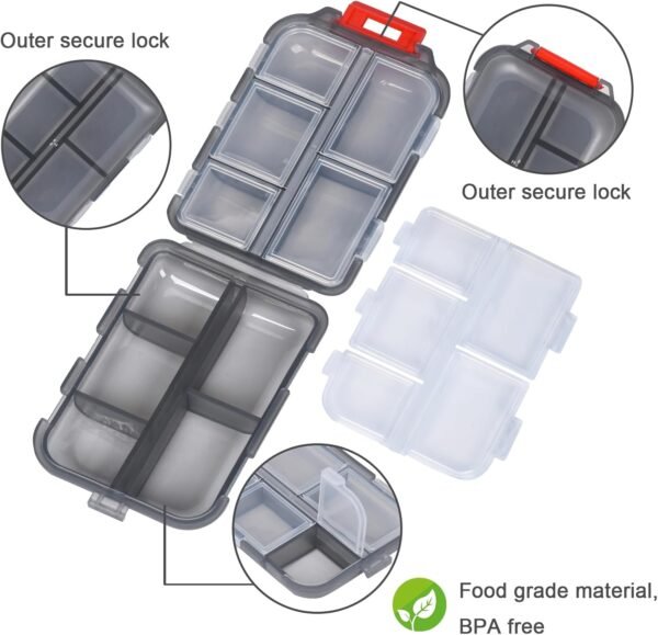 1Pack Travel Pill Organizer with 189 Medicine Label, 10 Compartments Small Pill Case Compact and Portable Travel Pill Box for Airplane Car Purse Nurse Vacation Essentials (Gray) - Image 5