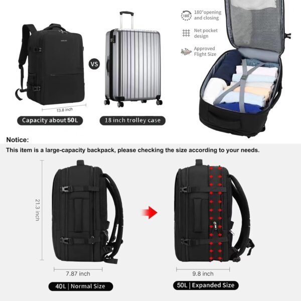 MOLNIA 50L Expandable Travel Backpack for Men Women, Carry On Backpack Airline Approved, Suitcase Backpack with Packing Cubes, Water Resistant Luggage Backpack Daypack Weekender Bag, Black - Image 3
