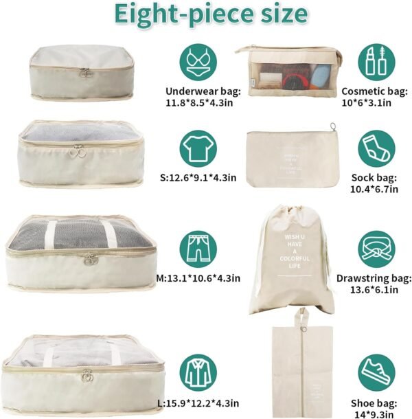 TTRWIN 8 Set Packing Cubes for Travel, Premium Nylon Fabric Luggage Packing Orginzers Travel Bags for Travel Acessories, Mesh Breathable Packing Cubes for Suitcases, Travel Essentials Bags Set - Image 5