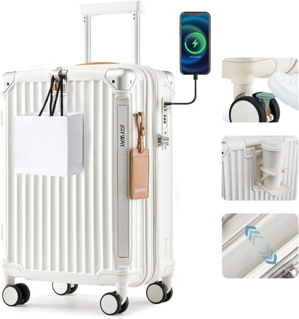 Joyway Carry On Luggage, Expandable Suitcase with Smart Luggage Cup Holder and USB Port, 20 IN Hardside Luggage with TSA Lock Spinner Double Wheels, White - Image 2