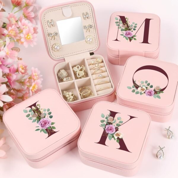 2024 Gifts for Her - Travel Jewelry Case, Small Travel Jewelry Organizer Box, Personalized Initial Pink Travel Jewelry Box Gifts for Women Teens Girls - Image 7