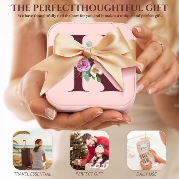 2024 Gifts for Her - Travel Jewelry Case, Small Travel Jewelry Organizer Box, Personalized Initial Pink Travel Jewelry Box Gifts for Women Teens Girls - Image 8