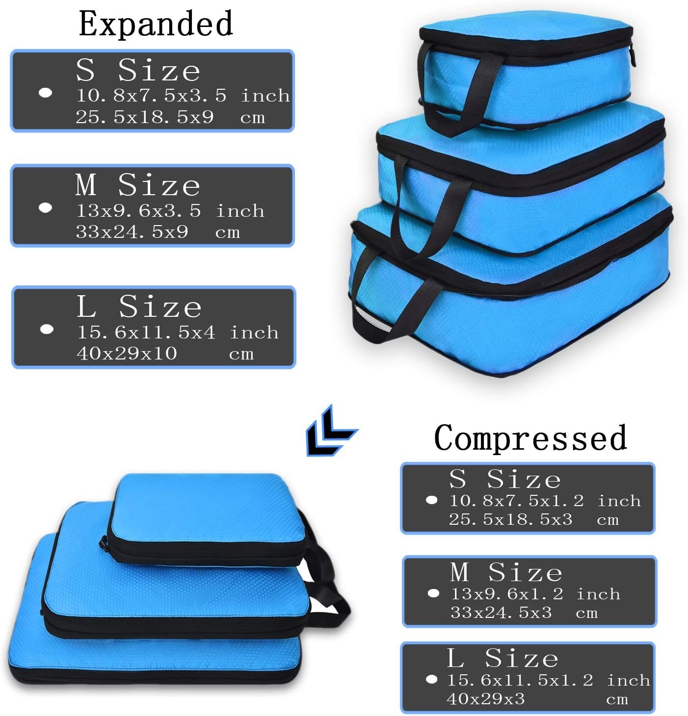 YZAOLL Compression Packing Cubes for Travel Small Expandable Packing Organizers 3pcs Set Blue - Image 3