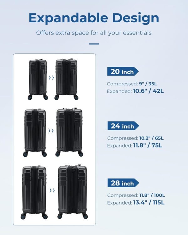 BAGSMART Luggage 3 Piece Set Suitcase, Expandable Carry on Luggage Airline Approved, Lightweight Spinner Wheel Luggage with TSA Lock (20" 24" 28"), Black - Image 6