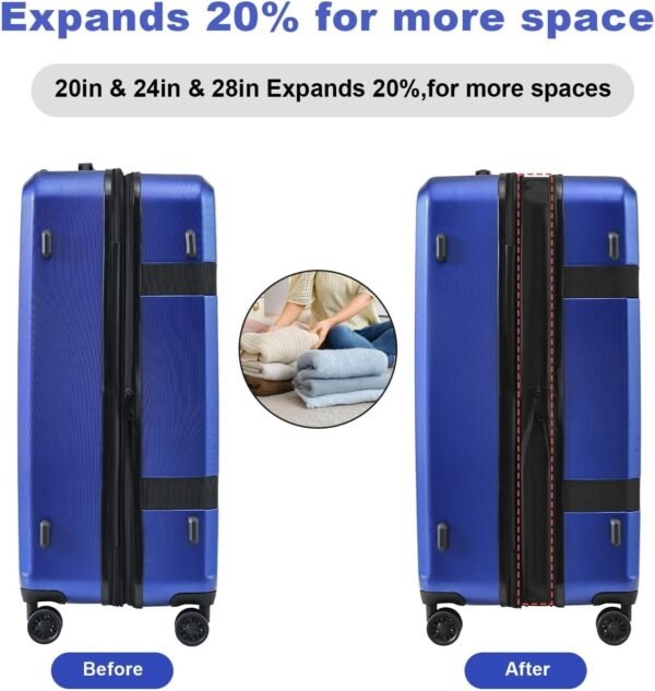 3 Piece Luggage Set, PC+ABS Lightweight Suitcase Sets with Spinner Wheels, Expandable Hardside Carry-On Luggage with TSA Lock Blue (20/24/28) - Image 4