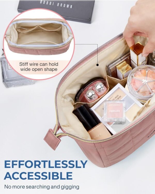BAGSMART Makeup Bag Travel Toiletry Bag, Puffy Padded Make Up Bags for Women Makeup Organizer Case, Wide-open Pouch Purse Travel Essentials Toiletries Accessories Brushes, Dark Pink - Image 5