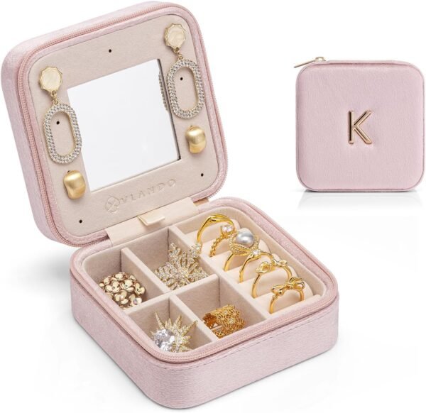 Vlando Small Travel Jewelry Box Organizer Display Case for Rings Earrings Necklaces Storage, Selected Soft Velvet, Letter K Engraved, Pink - Image 2