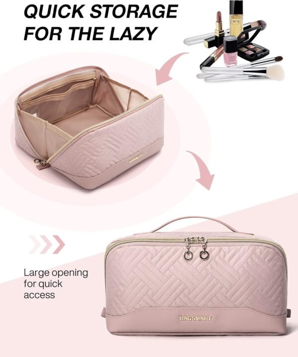 BAGSMART Travel Makeup Bag - Water-Resistant Portable Cosmetic Pouch, Flat Open Organizer for Toiletries and Brushes, Pink - Image 3