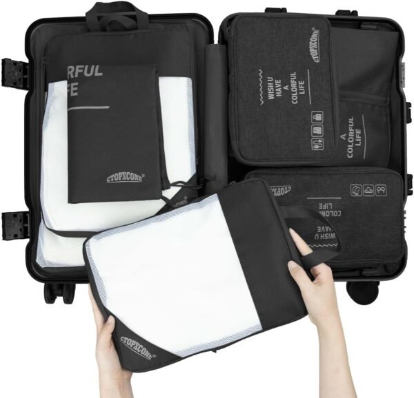 7 Set Compression Packing Cubes for Suitcases, Travel Luggage Organizers with 3 Compressible Packing Cubes, Shoe Bag, Underwear Cube, Cable Organizer & Laundry Organizert Bag Set Black - Image 2