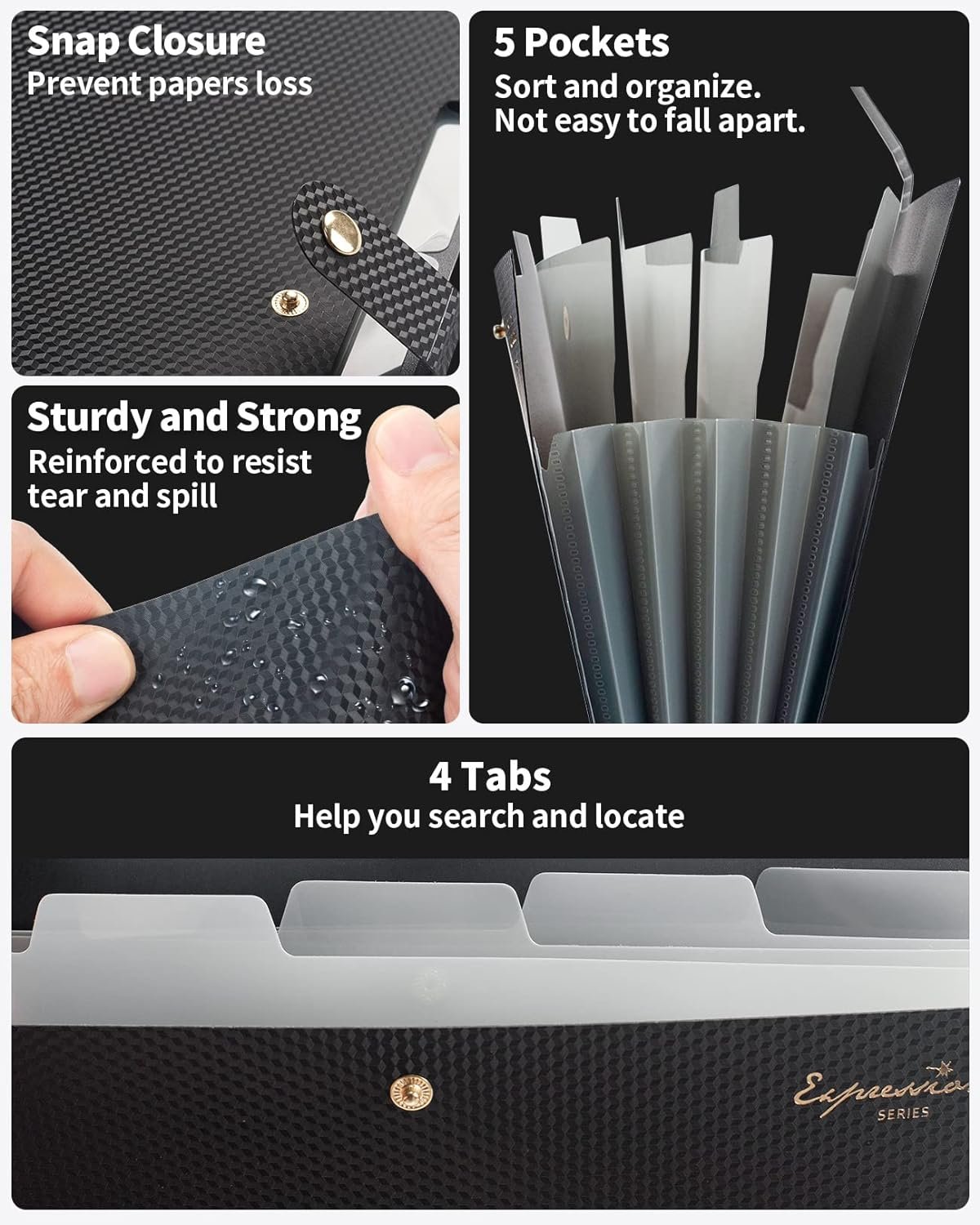 Sooez Expanding File Folder, Letter Size Accordion File Organizer, 5 Pocket Folder for Documents, Portable Organizer for School Office Supplies, Black - Image 5