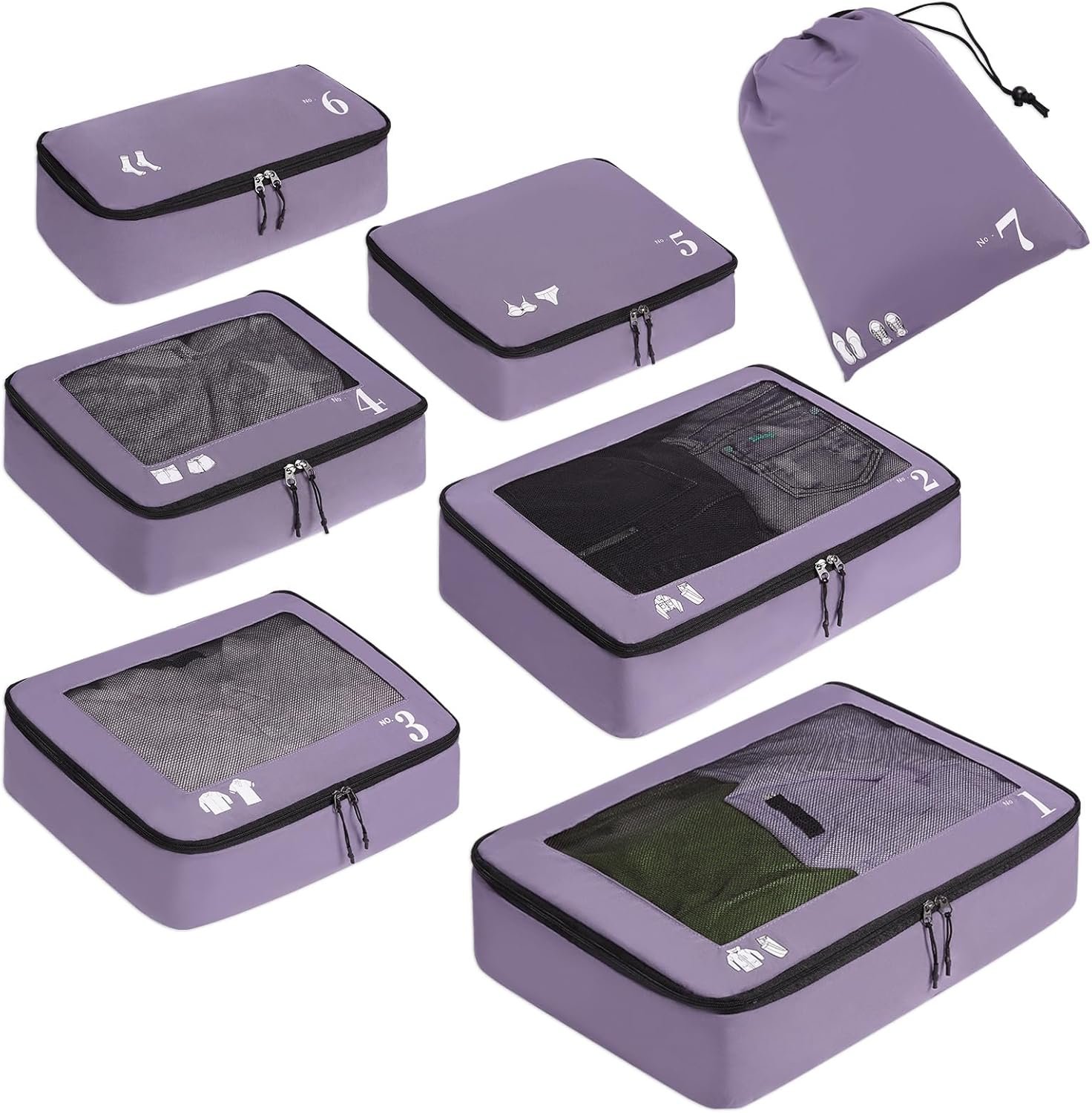 ECOHUB 7 Set Packing Cubes Tear-Resistant Luggage Packing Organizers with Number Icon for Travel Accessories Luggage Suitcase Machine Washable Packing Cubes (Purple) - Image 2