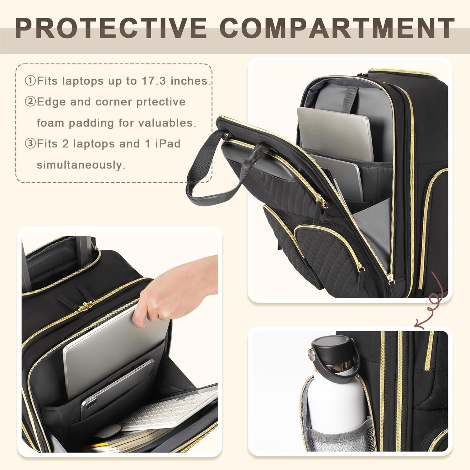 Small Underseat Carry On Luggage with Wheels, Lightweight Travel Airline Approved Personal Item Bag, Multiple Compartments Carry-On Rolling Suitcase for Women, Black Gold - Image 8