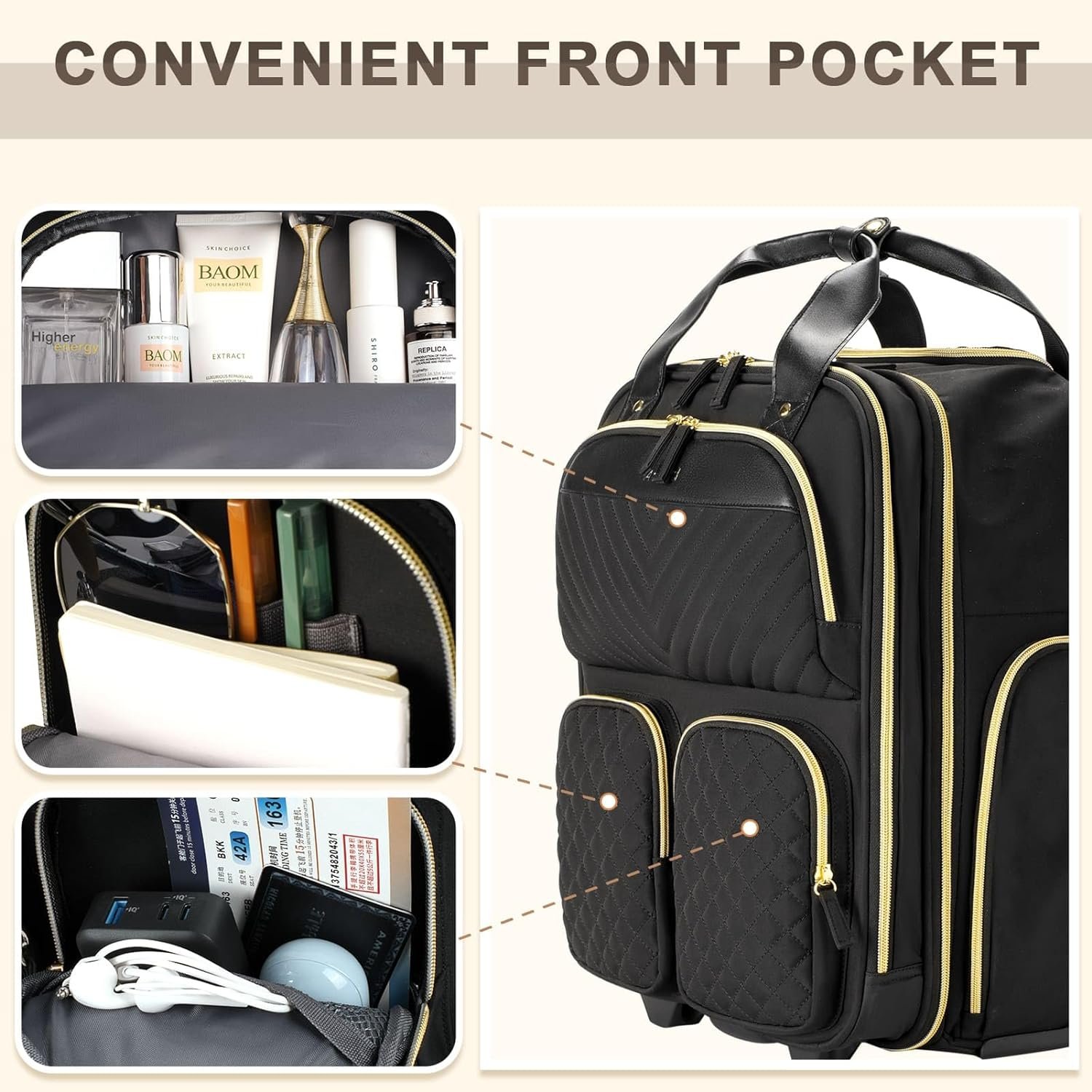 Small Underseat Carry On Luggage with Wheels, Lightweight Travel Airline Approved Personal Item Bag, Multiple Compartments Carry-On Rolling Suitcase for Women, Black Gold - Image 9