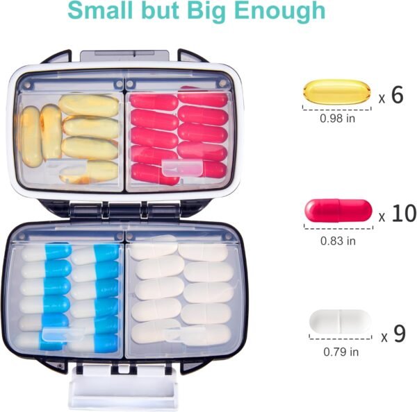 Fullicon 2 Pack Travel Pill Organizer, 4 Compartments Portable Pill Case, Moisture Proof Small Pill Box with Labels, Travel Pill Case with Double Lock, Pocket Pharmacy for Vitamin D3 (Black) - Image 4