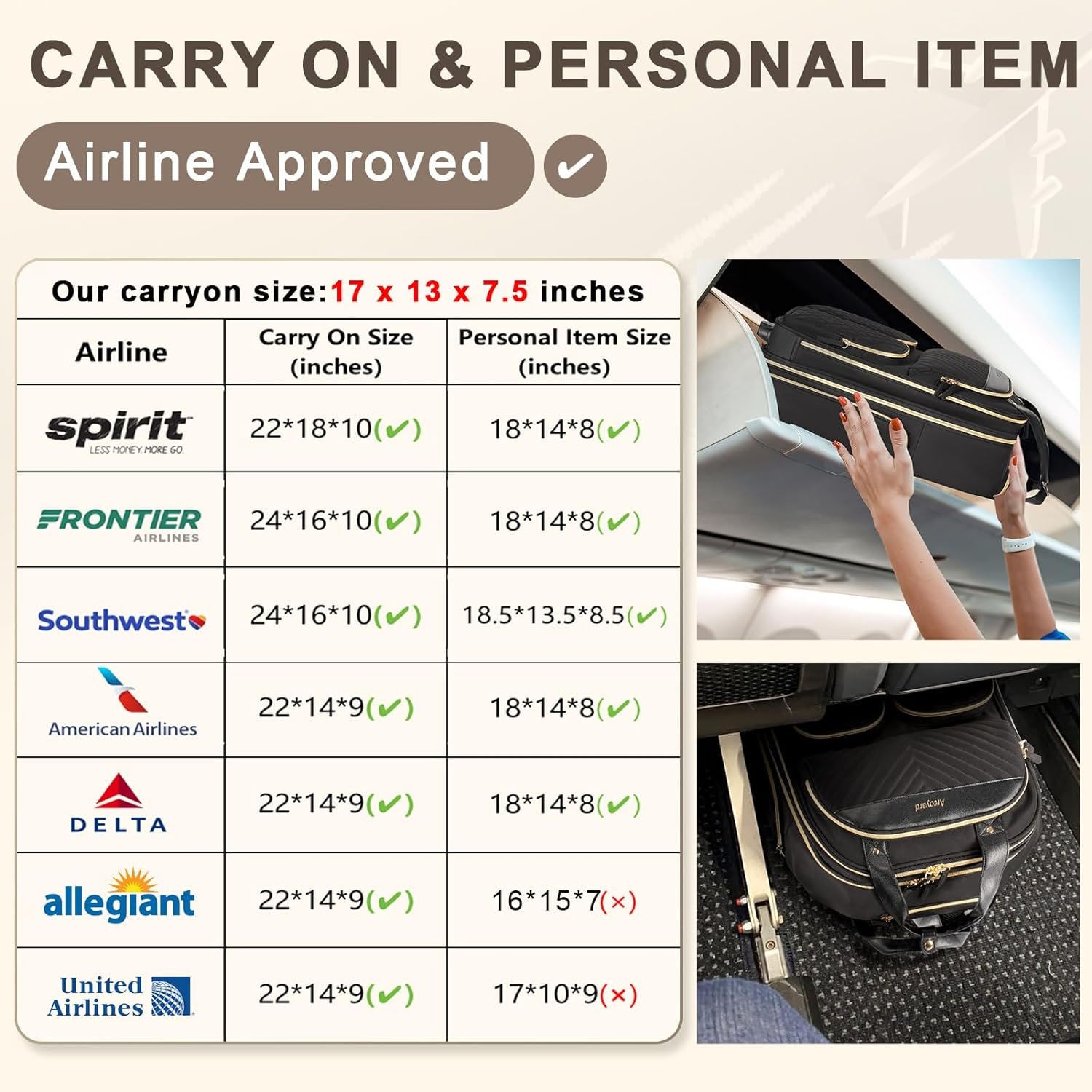 Small Underseat Carry On Luggage with Wheels, Lightweight Travel Airline Approved Personal Item Bag, Multiple Compartments Carry-On Rolling Suitcase for Women, Black Gold - Image 5