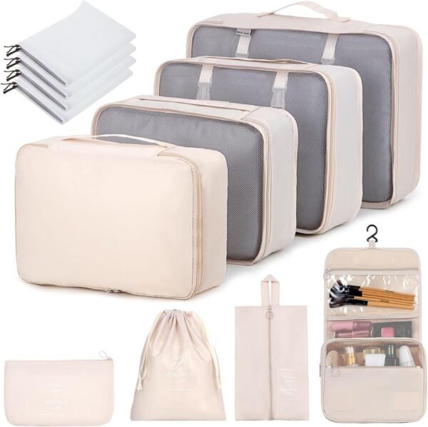 12 Set Packing Cubes for Suitcases, Various Sizes Packing Organizer Bags Set for Travel Accessories Luggage Carry On, BESBESME Travel Essentials for Clothes Shoes Cosmetics Toiletries, Beige - Image 2