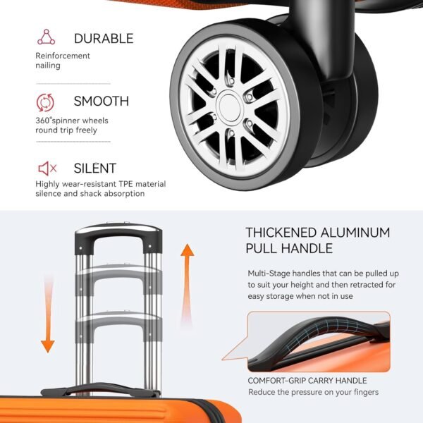 Luggage Sets Lightweight 3 Piece Luggage Set ABS Suitcase Sets with Spinner Wheels TSA Lock,Orange,3 Piece Set (20/24/28) - Image 4
