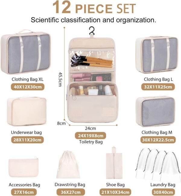 12 Set Packing Cubes for Suitcases, Various Sizes Packing Organizer Bags Set for Travel Accessories Luggage Carry On, BESBESME Travel Essentials for Clothes Shoes Cosmetics Toiletries, Beige - Image 3