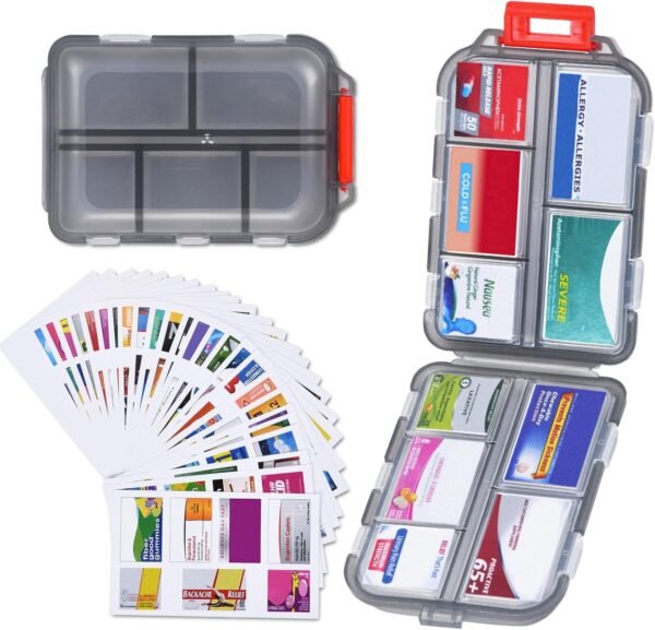 1Pack Travel Pill Organizer with 189 Medicine Label, 10 Compartments Small Pill Case Compact and Portable Travel Pill Box for Airplane Car Purse Nurse Vacation Essentials (Gray) - Image 2