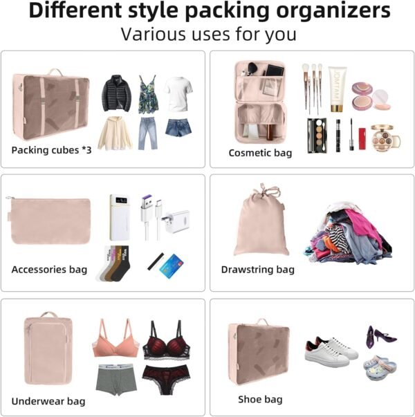 Packing Cubes, 8 Set Packing Cubes for Suitcases - Travel Bag for Travel Size Essentials Accessories, Compression Storage Shoe Bag, Clothing Underwear Bag, for Man & Women (8 Pack, champagne) - Image 5