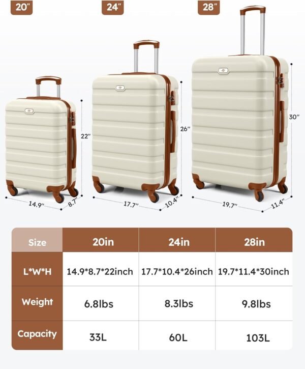 Suitour Luggage 3 Piece Sets Hard Shell Luggage Set with Spinner Wheels,TSA Lock,20 24 28 inch Travel Suitcase Sets (White Brown) - Image 6