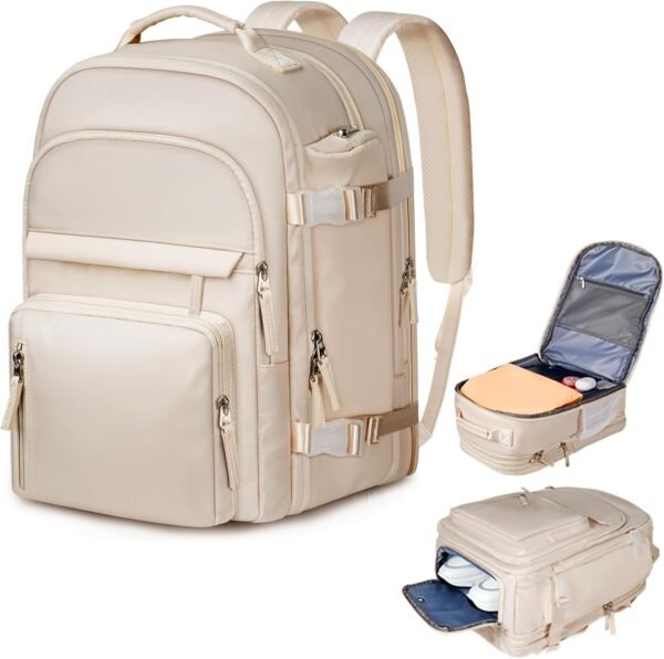 Travel Backpack for Women, Extra Large 40L Flight Approved Carry on Backpack, Expandable Weekender Bag Fit 17 Inch Notebook, College Business Casual Daypack with Shoe Bag, Beige - Image 2