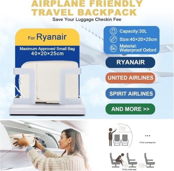 United Airlines Approved Travel Backpack for Women, mochila de viaje, 20L Carry On Backpack, Underseat Luggage Bag, Travel Essentials, Cabin Size Personal Item Bag, Beige - Image 3