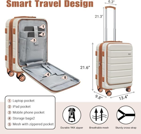 SmileLine Hardside Expandable Luggage W/Quick Access Front Open Pocket Lightweight Carry-on with Makeup Bag, White-Brown, 3 Piece Set - Image 3