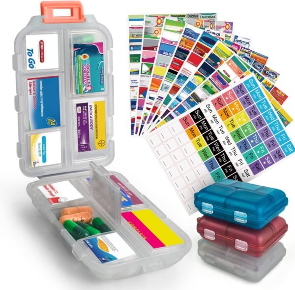 3 Pcs DIY Travel Pill Organizer with Labels Pocket Pharmacy, 3 Pill Box & 420 Medicine Labels, Portable Travel Essentials Mini Pill Container 7 Day Pill Case Storage Vitamin Fish Oil (Set B) - Image 2