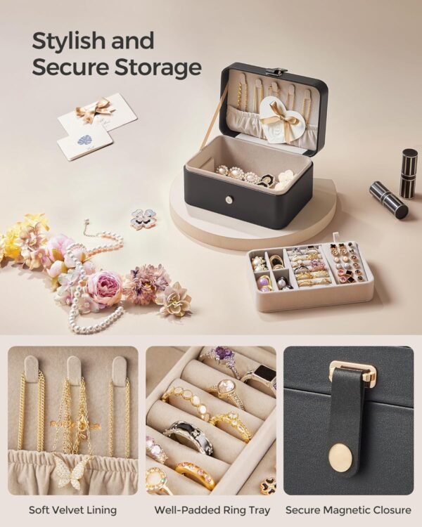 SONGMICS Jewelry Box, Travel Jewelry Case, 2-Layer Jewelry Holder Organizer, 4.6 x 6.3 x 3 Inches, Portable, Versatile Earring Storage, for Larger Accessories, Gift Idea, Ink Black UJBC166B01 - Image 7