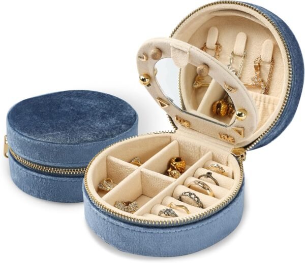 Dajasan Velvet Travel Jewelry Boxes, Mini Travel Jewelry Case, Small Portable Travel Jewelry Organizer Box with Mirror for Women Girls (Blue) - Image 2