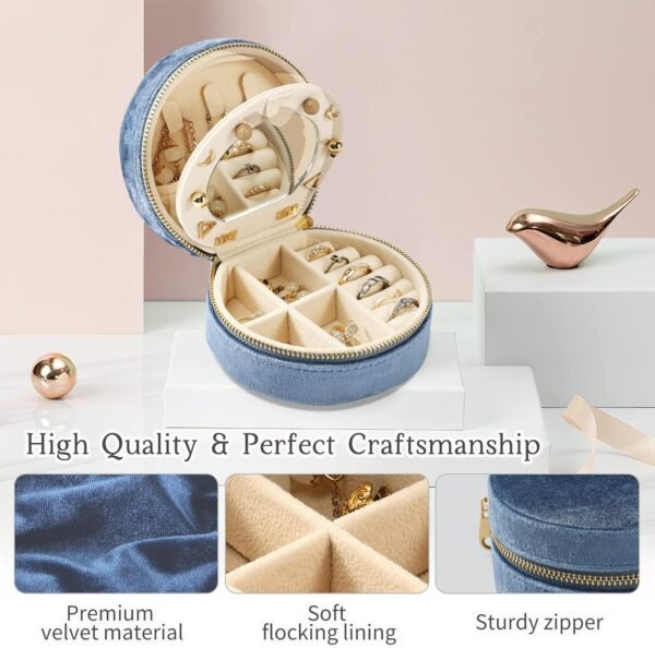 Dajasan Velvet Travel Jewelry Boxes, Mini Travel Jewelry Case, Small Portable Travel Jewelry Organizer Box with Mirror for Women Girls (Blue) - Image 6
