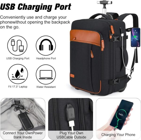 Lumesner rolling backpack, 17-inch water-resistant wheeled laptop backpack, carry-on luggage for business trips, overnight stays, or college use, a trolley suitcase for men and women，Black - Image 3