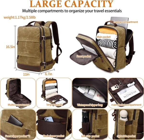 Travel Backpack for Men Carry On Backpack Flight Approved Personal Item Backpack, 17 inch Laptop Backpack Casual Daypack Weekender Business Hiking Backpack, Brown - Image 4
