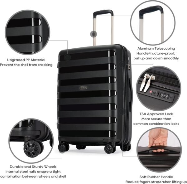 PP material 3-piece expandable luggage sets with Spinner Wheels， Suitcase with TSA Lock，Large Luggage for Family Travel carry on 20/24/28，Black color - Image 3