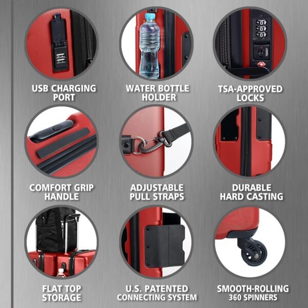 Tach V3 3-Piece Hardcase Connectable Luggage & Carryon Travel Bag Set | Rolling Suitcase with Patented Built-In Connecting System | Easily Link & Carry 9 Bags At Once (wine red) - Image 4